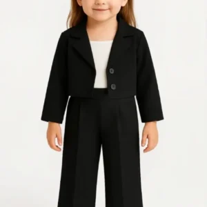 Girl wearing classic black western fashion track suit with blazer jacket and wide leg trousers