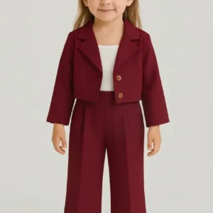 Little girl in maroon casual western track set with cropped jacket and matching pants