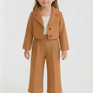 Little girl wearing camel brown western style track suit with cropped blazer jacket and wide leg pants