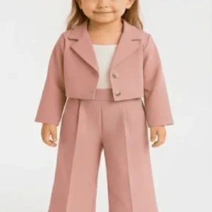 Kid girl wearing dusty pink stylish western track suit with cropped blazer and matching pants