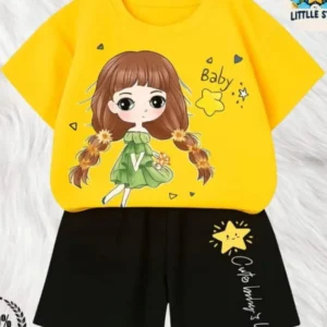 Kids yellow cartoon girl print t-shirt with black shorts summer set