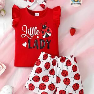 Kids red ladybug print top with white shorts cute girls summer set