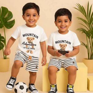 Kids bear print mountain adventure t-shirt with striped shorts casual set