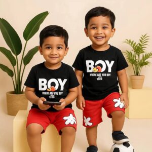 Kids BOY printed black t-shirt with red shorts trendy casual outfit