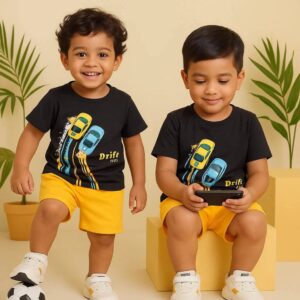 Kids car print summer western set for boys black t-shirt yellow shorts