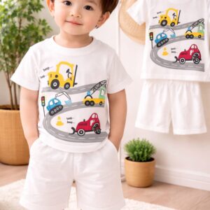 Kids white road print t-shirt and shorts set vehicle theme summer outfit