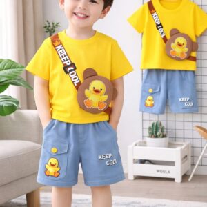 Kids yellow duck print summer set with cross bag style t-shirt and shorts